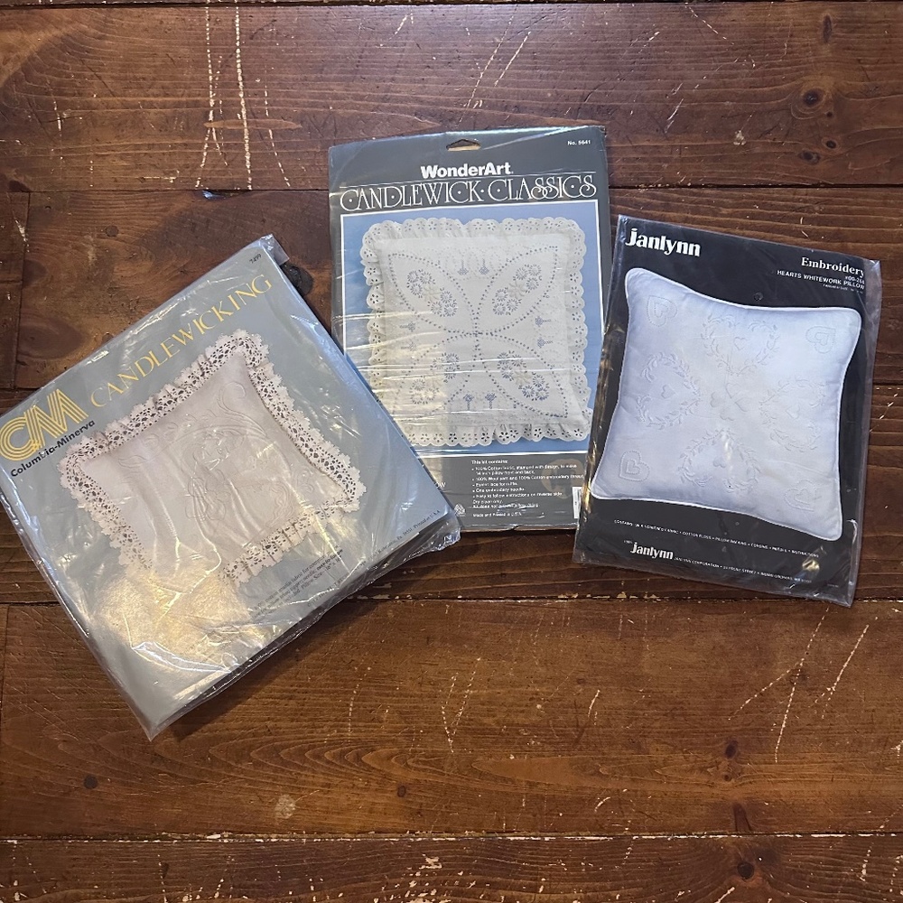 Set of 3 Vintage Candlewicking Pillow Kits, Sitchery and Embroidery DIY